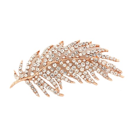 Rose gold plated Feather Pin with Clear Rhinestones - Click Image to Close